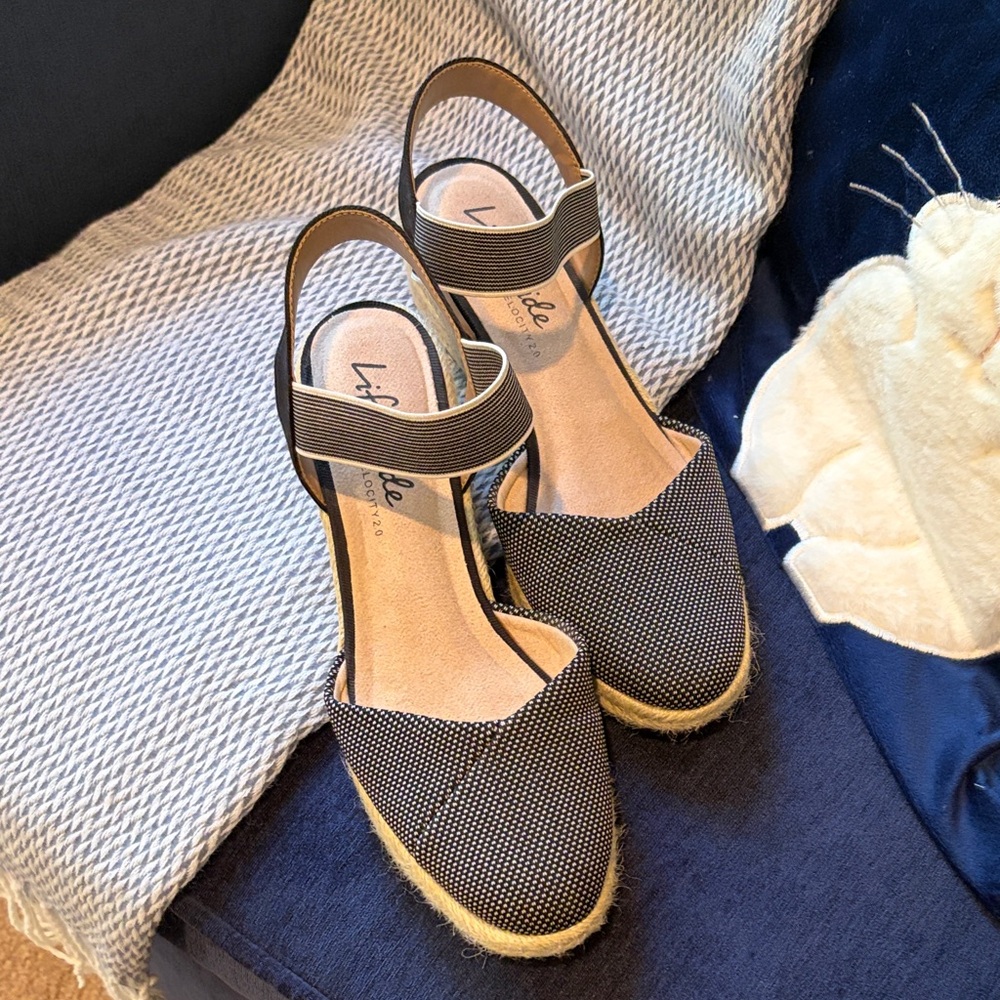Life Stride Navy Espadrille Wedge Sandals with Elastic Ankle Strap